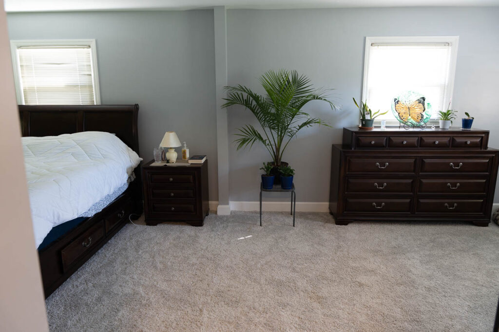 Completed bedroom remodel with new carpeting