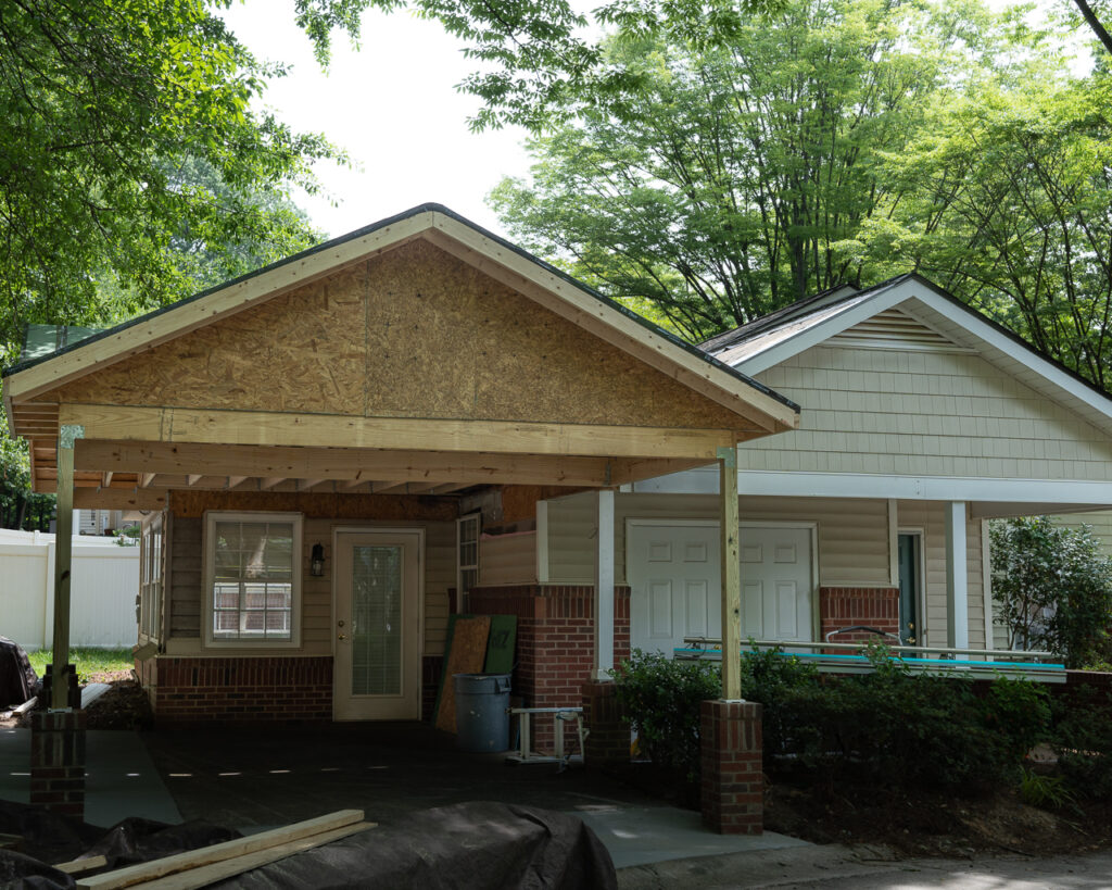 Early photo of the carport remodel project on Lynch Court, from the front