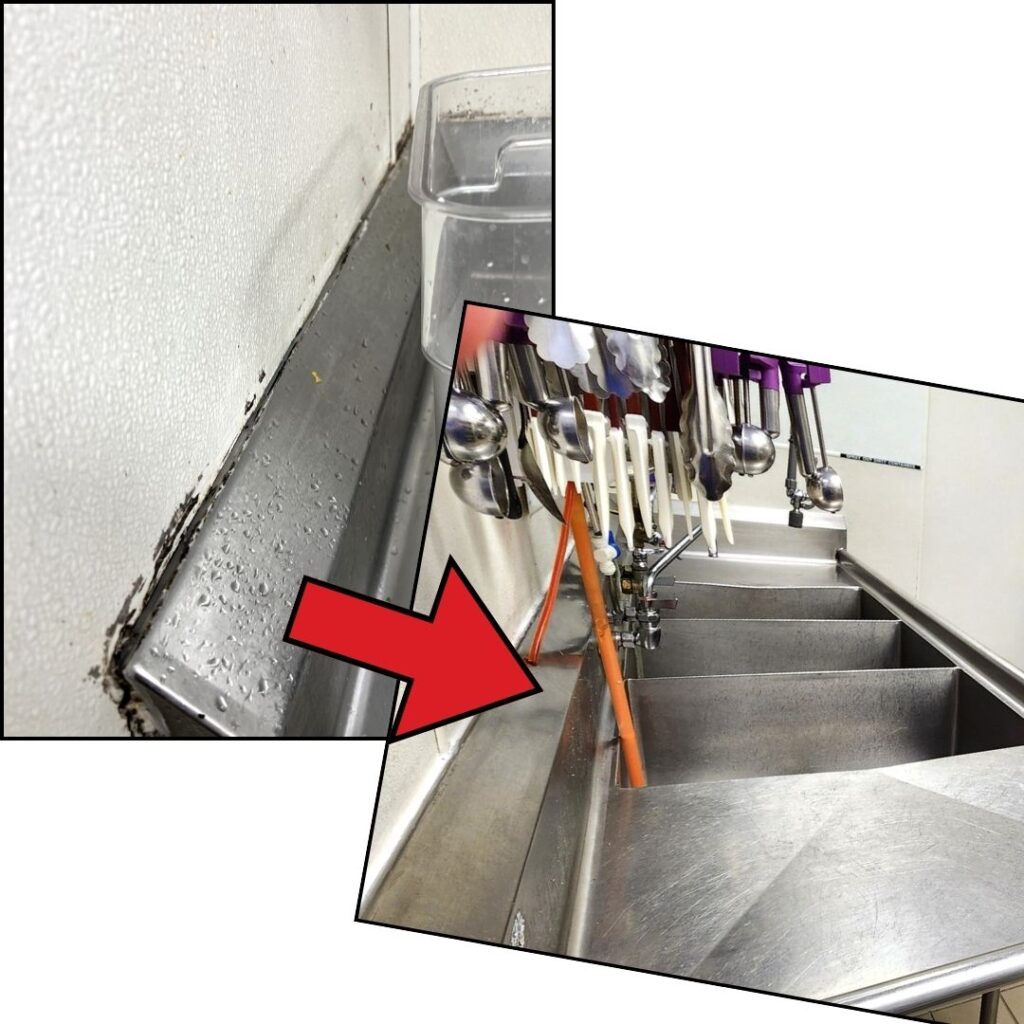 Comparison photo of mold around the moulding seams around a commercial sink