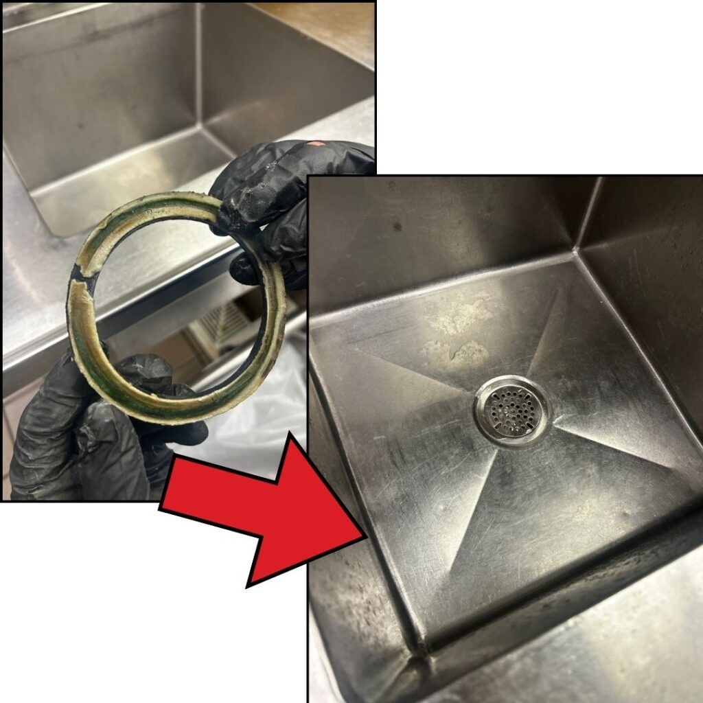 A rusty drain ring being replaced by fresh steel in a commercial sink