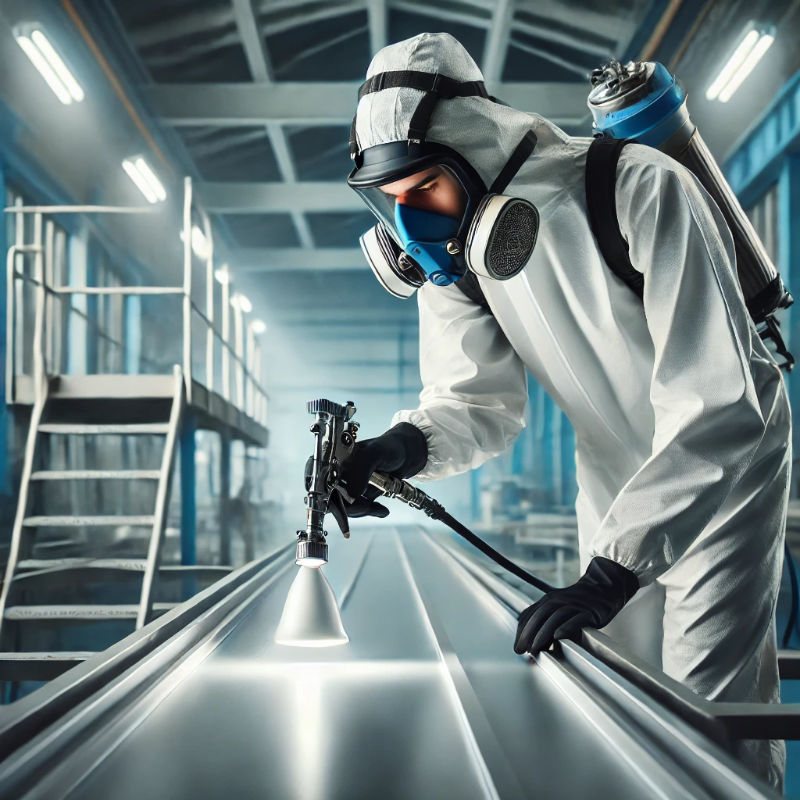 An electrostatic specialist applying the coating to a metal sonveyor rack