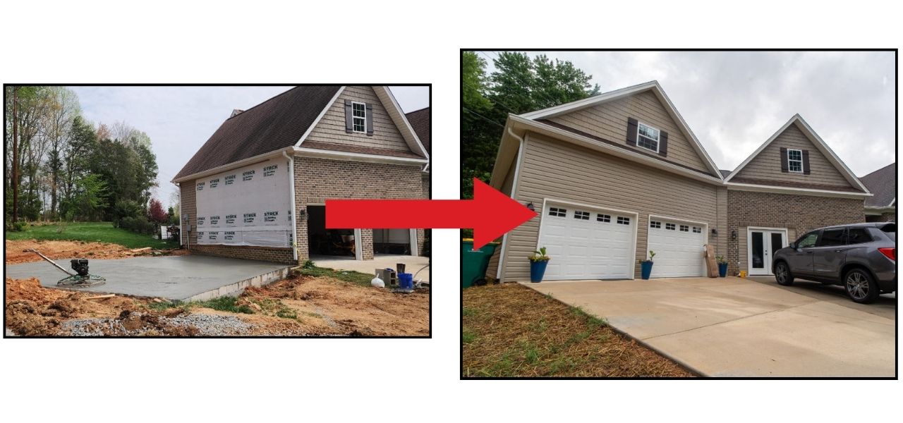 Before and after comparison of a large garage addition