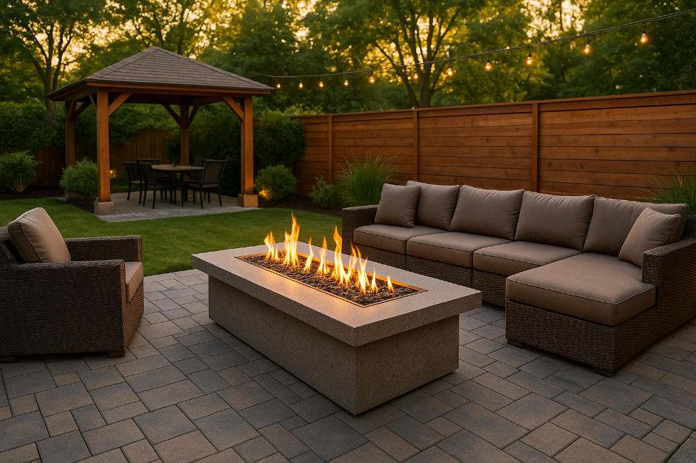 A fire table in use surrounded by outdoor furniture