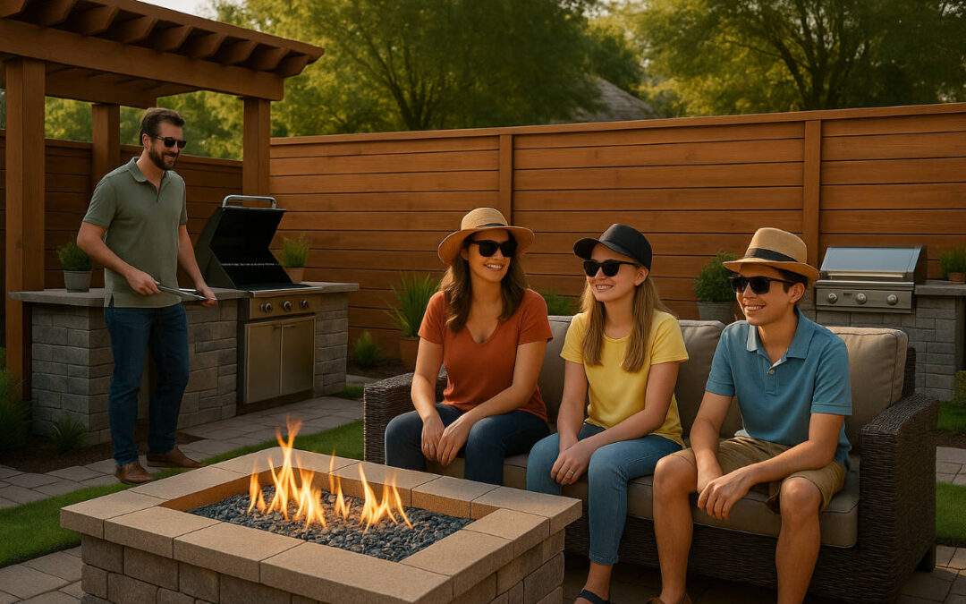 Family enjoying an outdoor kitchen and fire table together in the summer