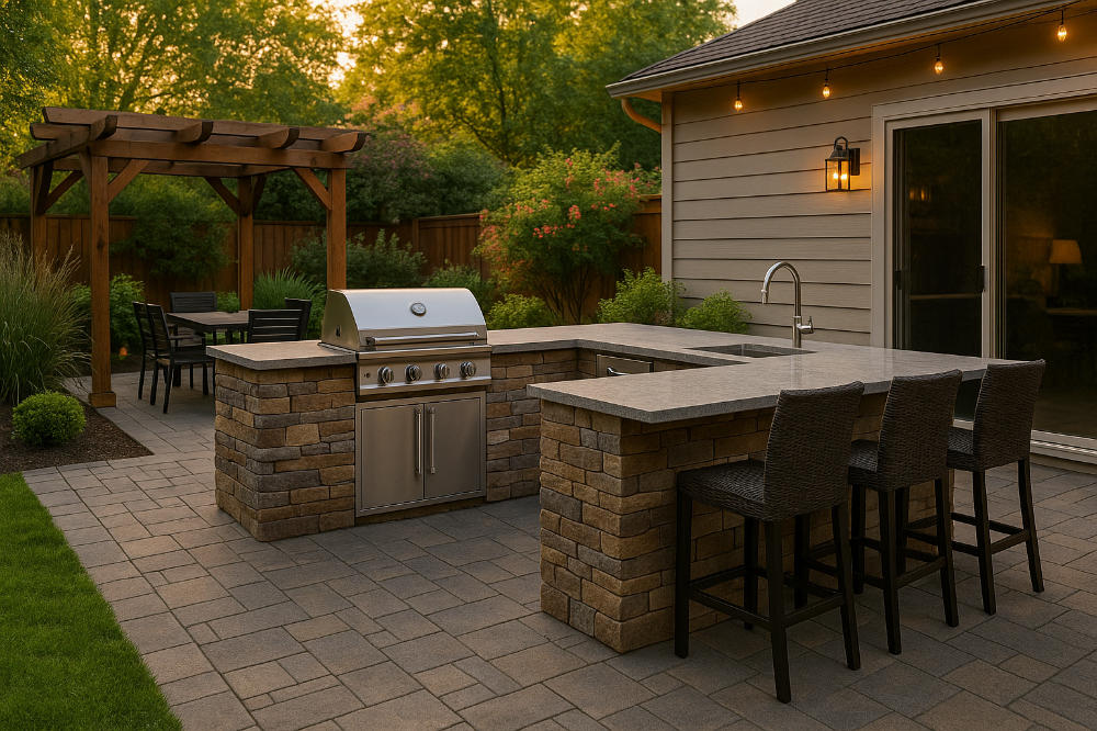 Attractive outdoor kitchen with stone accents, grill, and high end counter tops